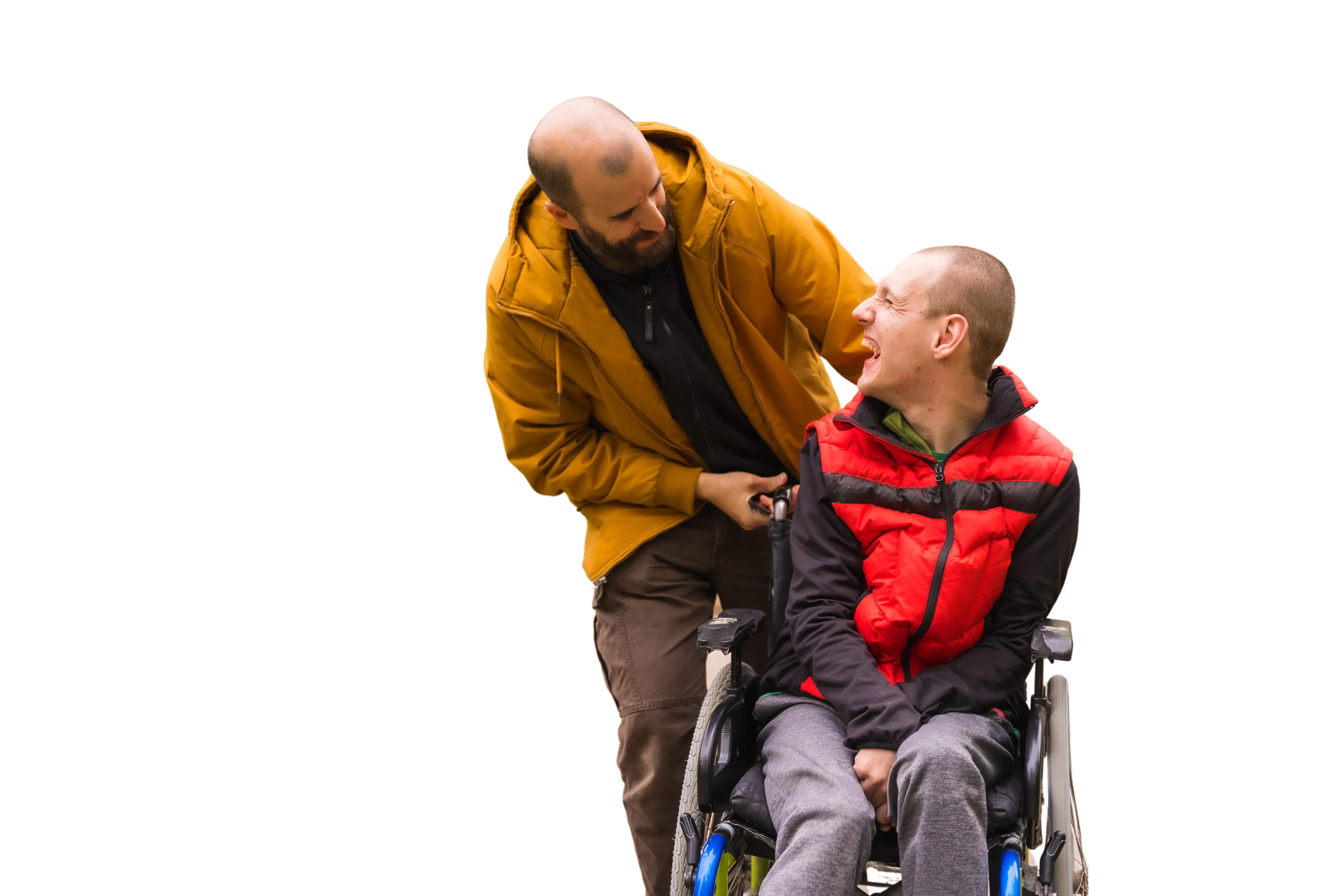 Carer pushing care patient on a wheel chair